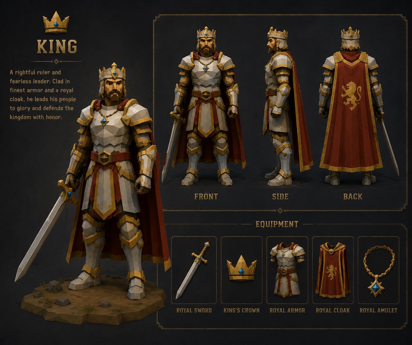 King class, a regal armored ruler with royal sword, crown and cloak