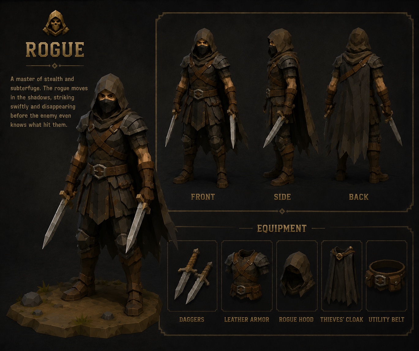 Rogue class, a hooded master of stealth wielding twin daggers