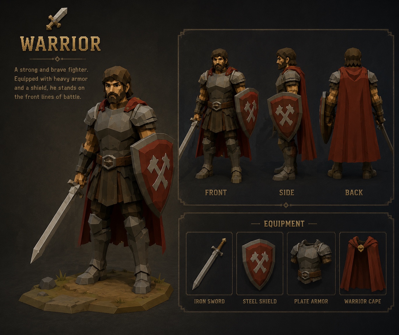 Warrior class, a strong brave fighter in heavy plate armor with an iron sword and steel shield