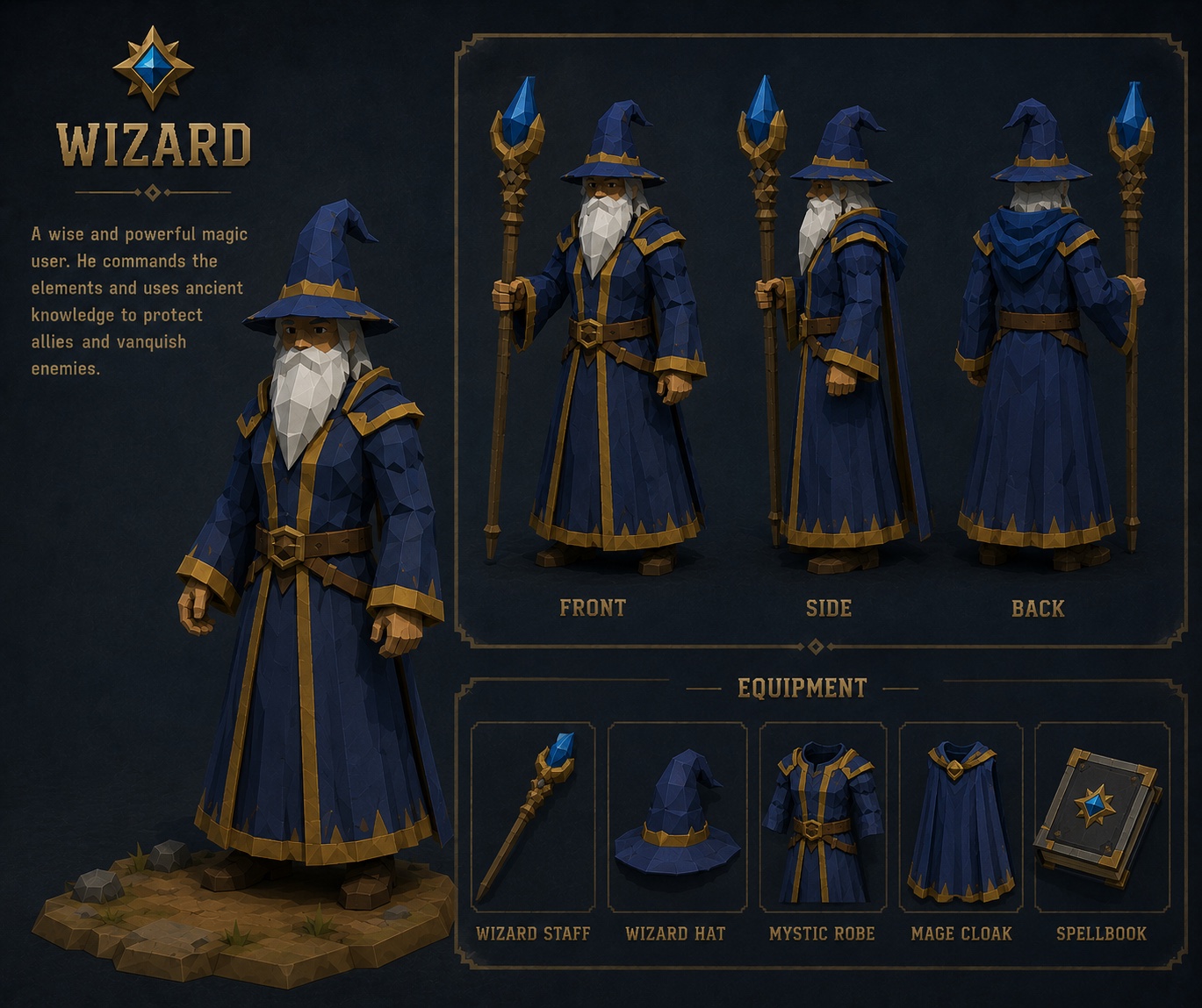 Wizard class, a wise mage in blue robes with a crystal staff and spellbook