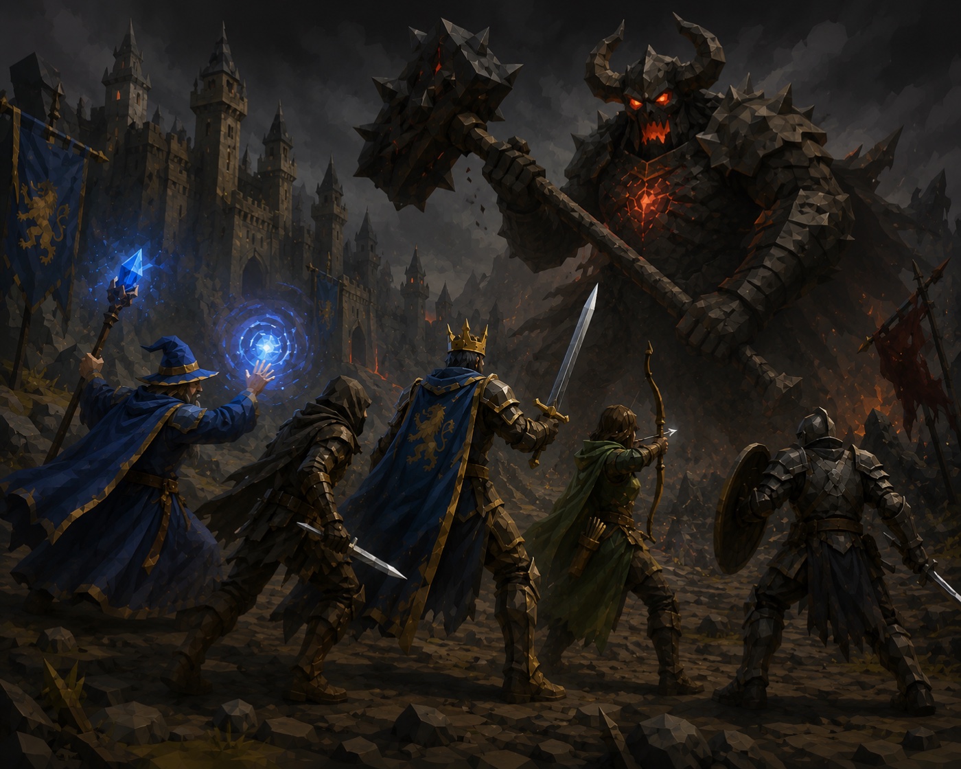 A party of Soltara heroes battling a towering demon boss before a besieged castle